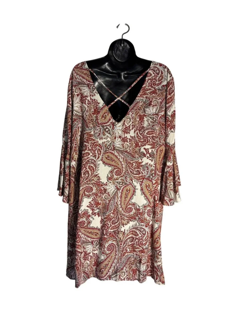 Paisley Print Bell Sleeve Tunic Top Open Back & Criss-Cross Detail Boho Style - Picture 2 of 10